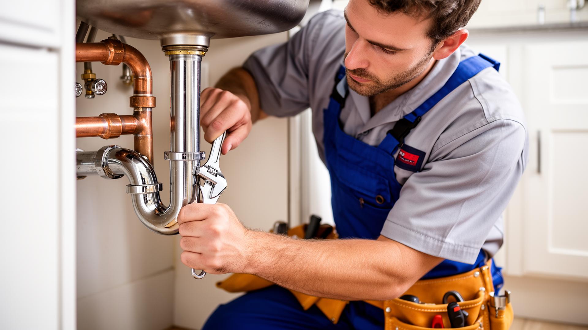 Plumber fixing a burst pipe under a sink
